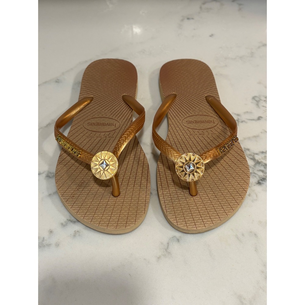 Havaianas Slim Healing Sun Flip Flops Copper Gold Metallic Crystal Medallion 6